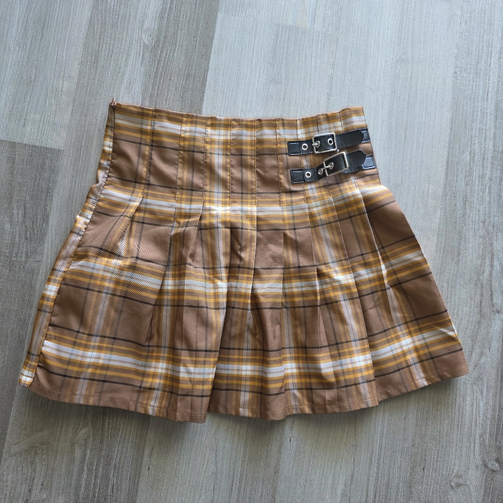 No Boundaries Tan Plaid Mini Skirt with Buckle Details